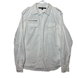 BLACK Mens‎ M White Cotton Military Utility Pocket Button Up Shirt Fray Seams